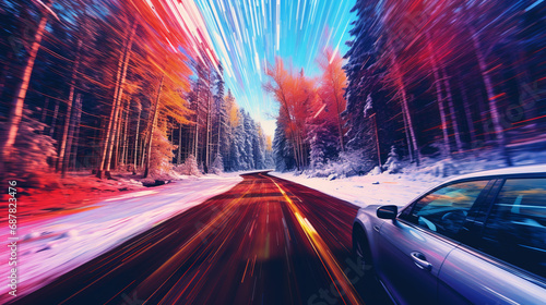 car on the road in the forest at night with motion blur effect. abstract, traffic, car, drive, travel, movement, speed, fast photo