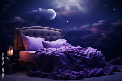 AI generated illustration of a double bed illuminated by a purple light in a cozy bedroom at night