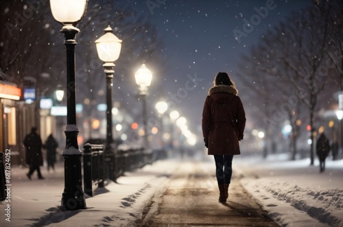 Solitary Walk Through Snowy Evening Street