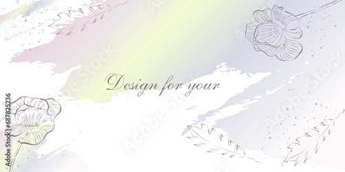 Background for card, website, brand, silver poppy flowers on pink yellow blue delicate watercolor background. Vector composition for design of greeting cards, invitations, banners, wall art, prints an