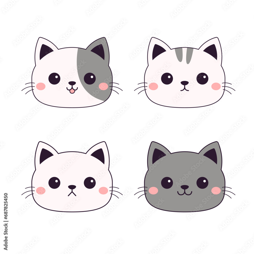 Cat kitten, kitty round icon set. Cute face head. Different emotions, colors. Cartoon kawaii funny baby character. Contour line doodle. Sticker print. Flat design. White background.