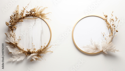 golden christmas wreaths on a white background.
Wreath of dried leaves on white background. Flat lay, top view.
Elegant golden wreath with feathers on white background, for mockup. wedding
 photo