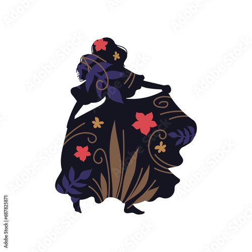 Gypsy woman dancing in a fluffy long dress black silhouette with floral pattern, vector Romany performance flamenco folk