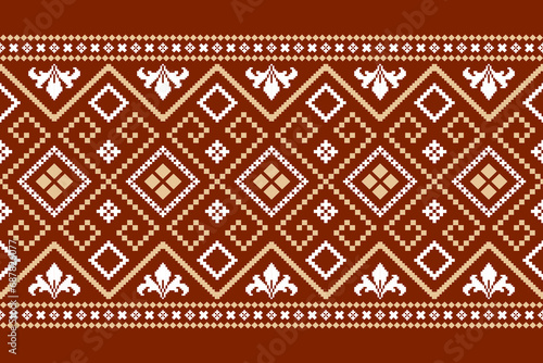 Orange vintages cross stitch traditional ethnic pattern paisley flower Ikat background abstract Aztec African Indonesian Indian seamless pattern for fabric print cloth dress carpet curtains and sarong