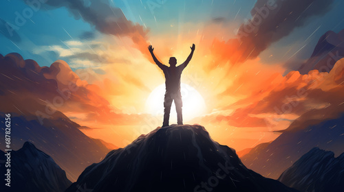 Man standing on top of mountain with raised hands. Success concept. man rise arm with sunrise