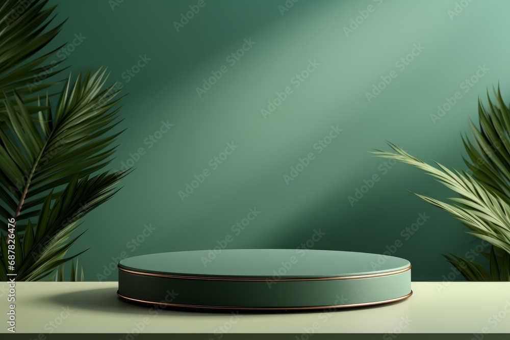 3D Green Podium for Modern Product Display With Tropical Leaves 3D Green Podium for Modern Product Display With Tropical Leaves