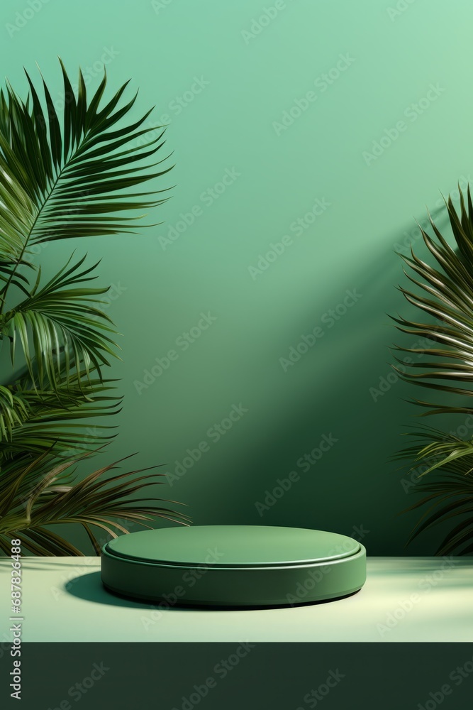3D Green Podium for Modern Product Display With Tropical Leaves 3D Green Podium for Modern Product Display With Tropical Leaves