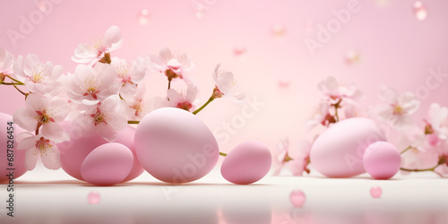 Festive banner with pink Easter eggs and spring flowers.