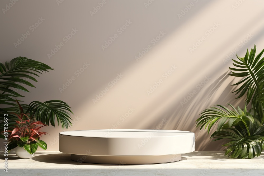 3D White Podium for Modern Product Display With Tropical Leaves 3D White Podium for Modern Product Display With Tropical Leaves