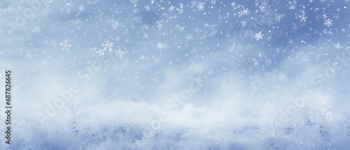 Winter landscape with sparkling snowflakes and frost. Seasonal background and holiday texture.