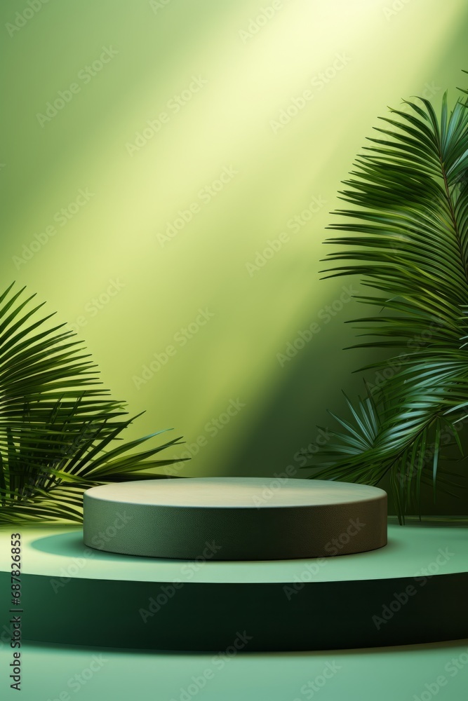 3D Green Podium for Modern Product Display With Tropical Leaves 3D Green Podium for Modern Product Display With Tropical Leaves
