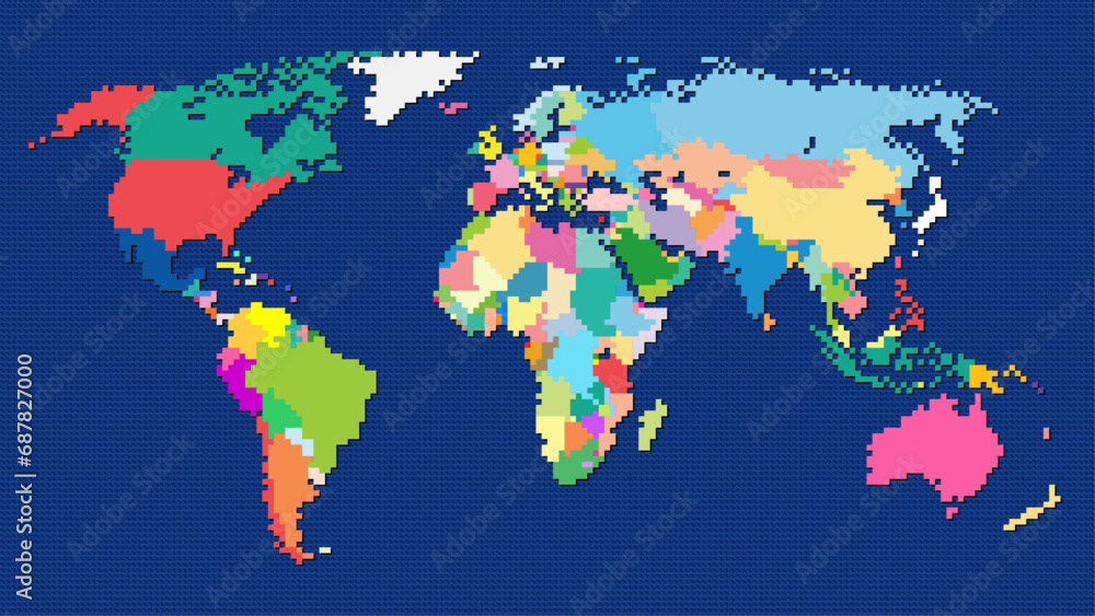 8-bit pixel style Robinson projection world map