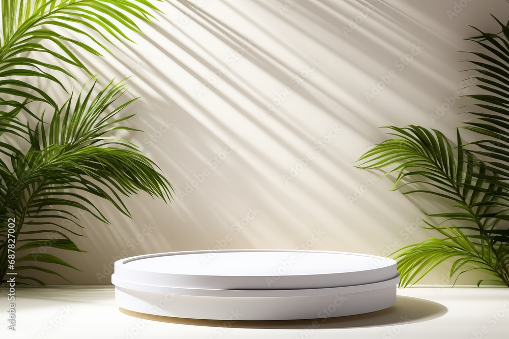 3D White Podium for Modern Product Display With Tropical Leaves 3D White Podium for Modern Product Display With Tropical Leaves