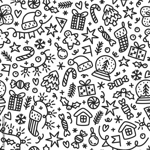 Christmas seamless doodle pattern on white background. Cute New Year texture with white hand-drawn winter elements for wrapping paper or textile.