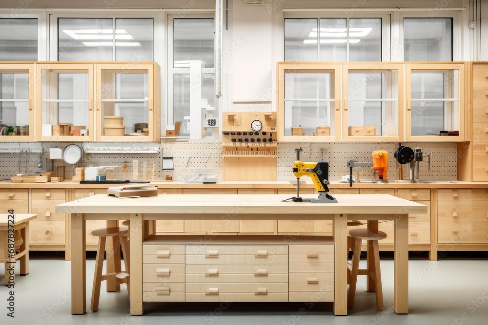 In a workshop with wooden table and furniture, various tools are neatly arranged, creating a rustic and functional space for hands-on projects and craftsmanship. Photorealistic illustration