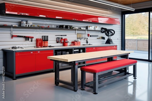In a home workshop, a sturdy workbench is complemented by red cabinets and an array of tools, creating a functional and vibrant space for DIY projects and craftsmanship. Photorealistic illustration