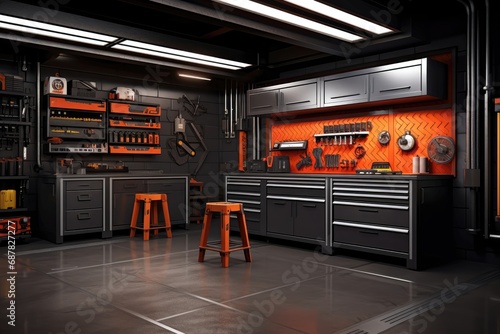 In a workshop with a black interior and orange accents, metal cabinets and tools are thoughtfully organized on the walls, creating a modern environment for projects. Photorealistic illustration photo