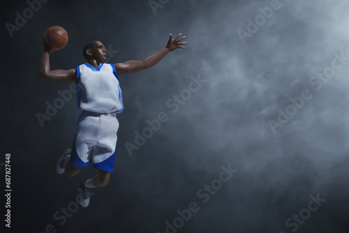 3d illustration professional basketball player slam dunk on dark background © fotokitas