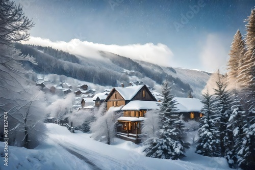Winter fairytale, heavy snowfall covered the trees and houses in the mountain village