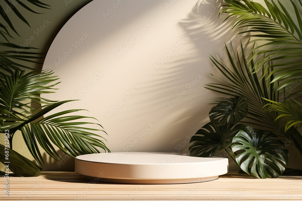 3D White Podium for Modern Product Display With Tropical Leaves 3D White Podium for Modern Product Display With Tropical Leaves