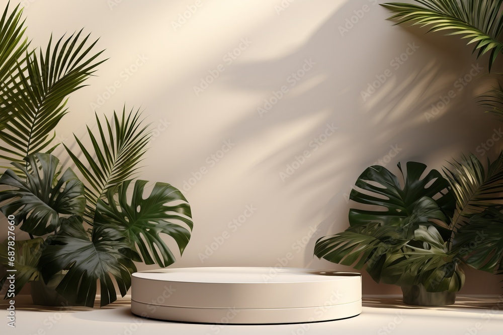 Obraz premium 3D White Podium for Modern Product Display With Tropical Leaves