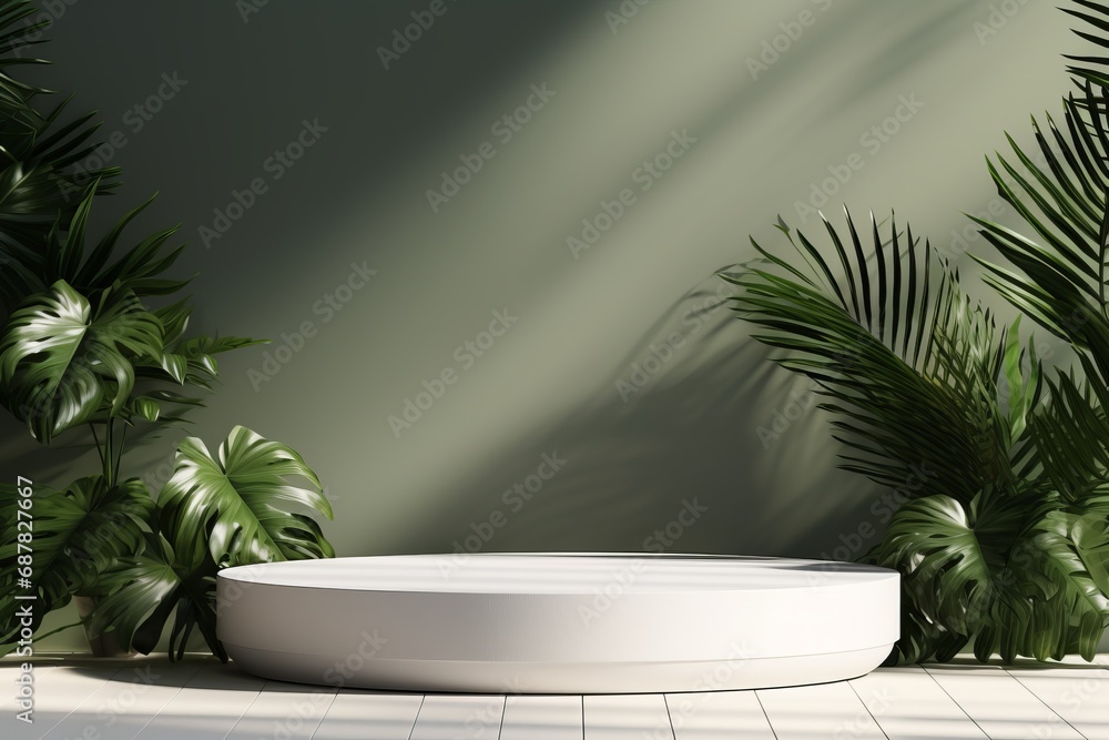 3D White Podium for Modern Product Display With Tropical Leaves 3D White Podium for Modern Product Display With Tropical Leaves