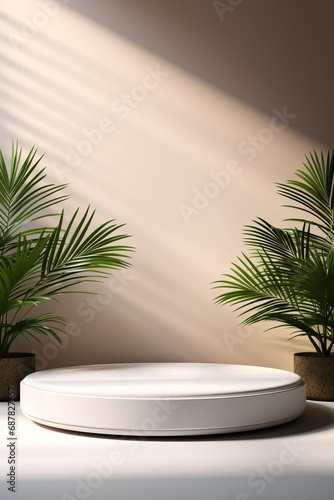 3D White Podium for Modern Product Display With Tropical Leaves
