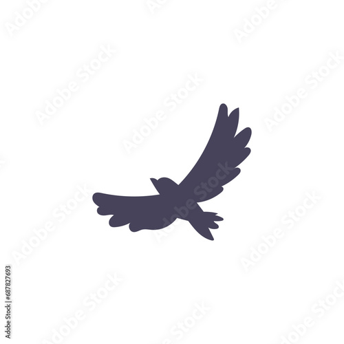 Flying bird silhouette icon, black outline of a soaring bird with spread wings vector illustration, falcon, hawk, pigeon