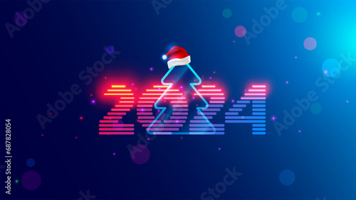 2024 new year. Christmas tree with digital number year in neon light. Celebration banner in computer cyberpunk technology style. Christmas party event poster in tech cyber decoration. 2024 on blue. photo