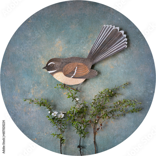 New Zealand Fantail bird with Manuka plant photo