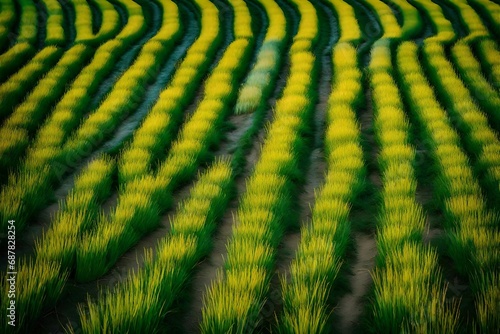 Yellow and green rice field with pathway on the middle