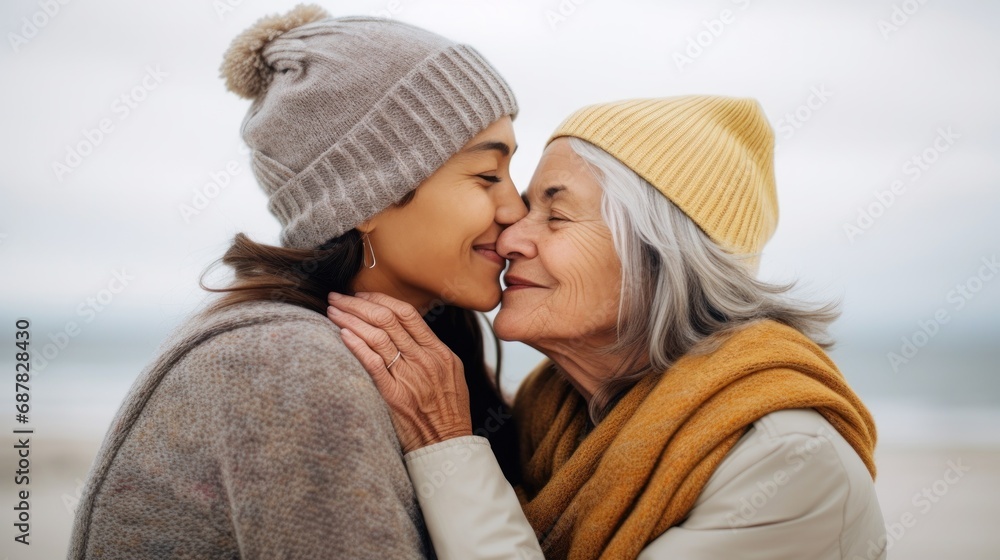 Fototapeta premium Generational Kiss, Elderly grandmother and Young granddaughter