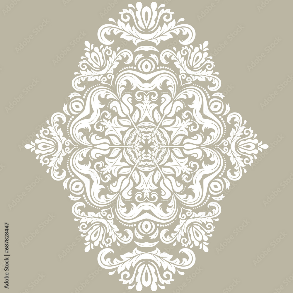 Oriental ornament with arabesques and floral elements. Traditional classic beige and white ornament. Vintage pattern with arabesques