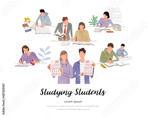 ベクターイラスト素材：勉強する学生、人物セット
