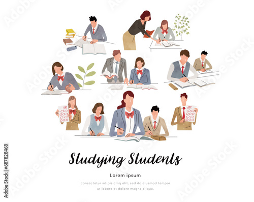 ベクターイラスト素材：勉強する学生、人物セット
