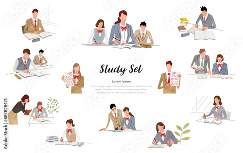 ベクターイラスト素材：勉強する学生、人物セット
