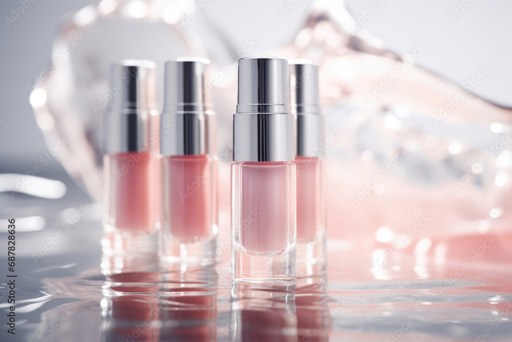 Set of Luxurious Lip Glosses with Reflective Caps on Glossy Surface Set of Luxurious Lip Glosses with Reflective Caps on Glossy Surface