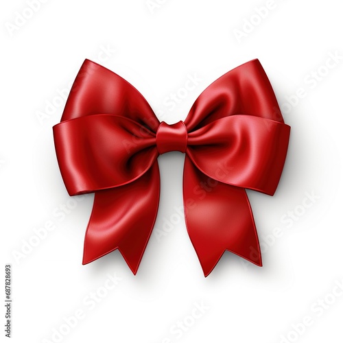 Beautiful red bow with horizontal ribbon with shadow on white background
