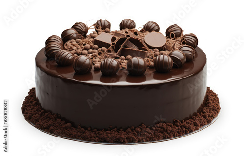 A whole chocolate cake isolated on white background