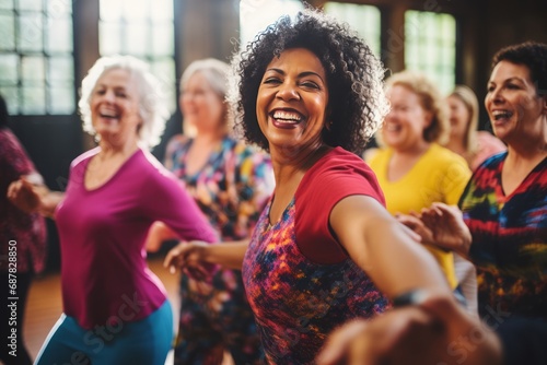 mature female adults with silver hair doing sports indoors. middle-aged cheerful women having fun at zumba dancing or aerobics class. Athletic training and bodies in old age.