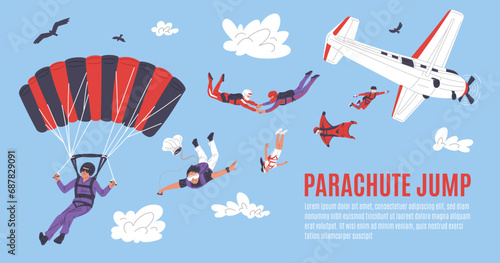 Website banner template about parachute jump flat style