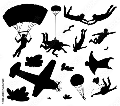 Black silhouette of parachute jump, wingsuit flying, airplane, skydiving lovers parry in the air vector illustration set