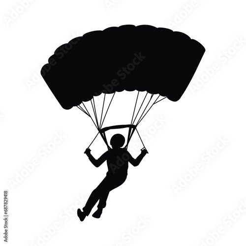 Black silhouette of parachute jump, skydiving lover vector illustration, parachutist flies, outdoor extreme activity