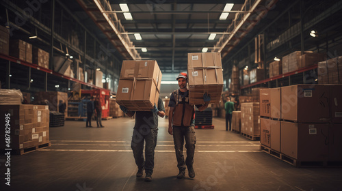 Warehouse workers in the warehouse. Two men carry the larger container. photo