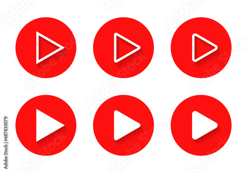 Play button icon vector in red circle. Streaming video symbol with shadow