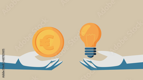 European currency euro in the palm. On the other hand, a light bulb. Image of paying for ideas.