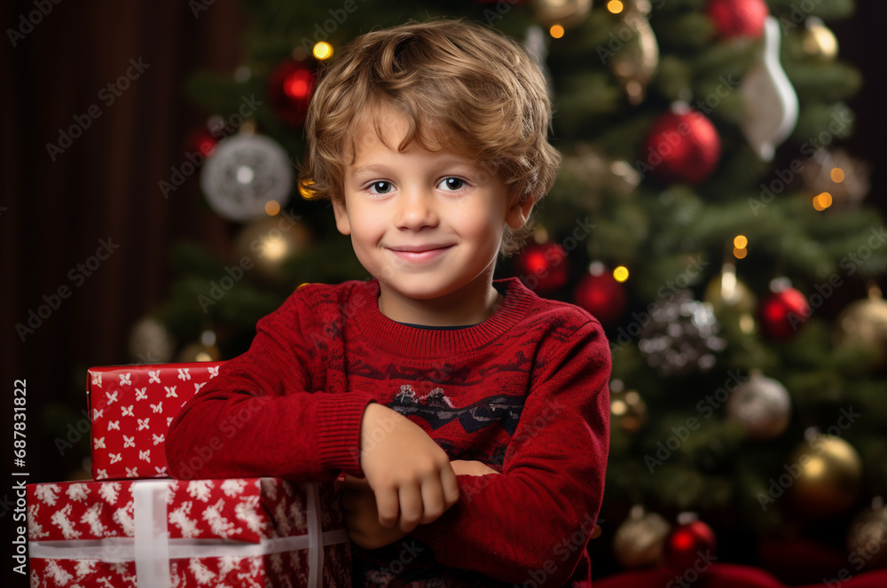 Christmas photo shoot. Boy near a decorated Christmas tree Christmas photo shoot. Boy near a decorated Christmas tree