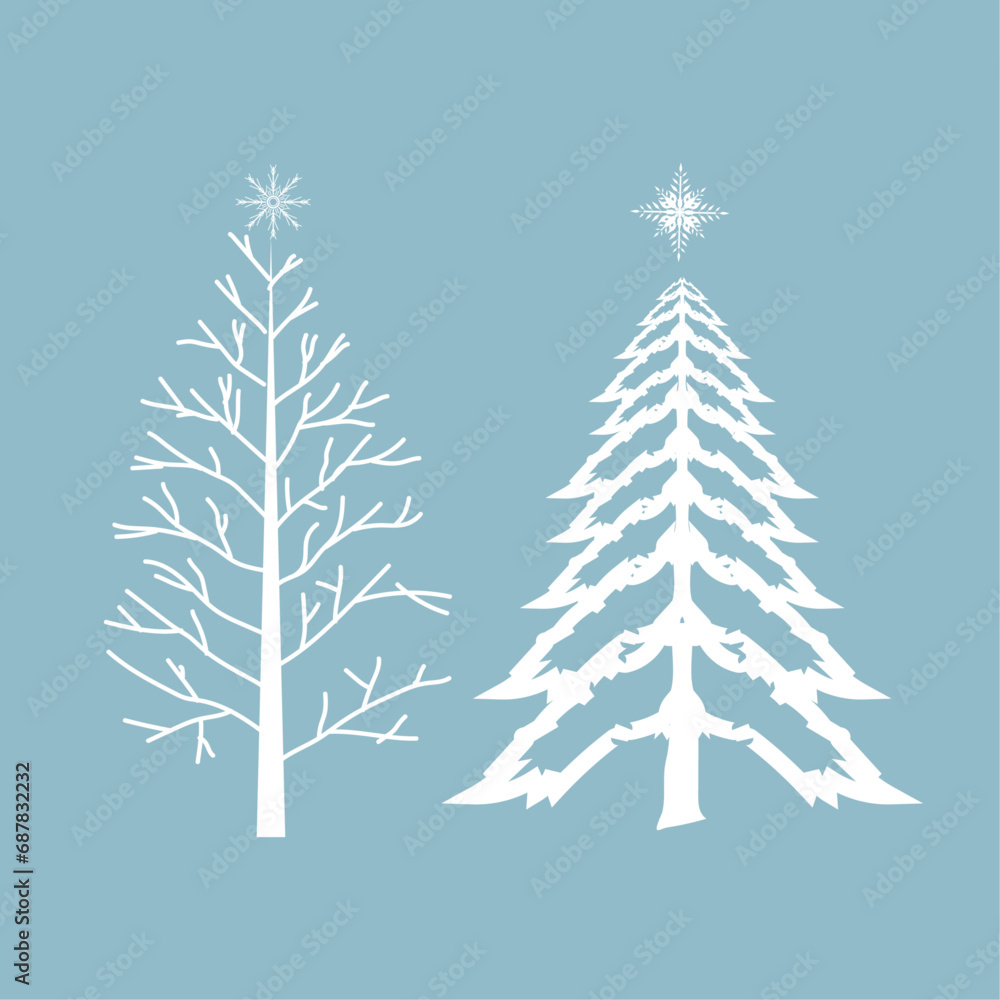 Two winter trees and Chistmas trees with snow on isolated blue background