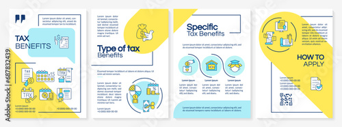 Tax benefits blue and yellow brochure template. Tax deduction. Leaflet design with linear icons. Editable 4 vector layouts for presentation, annual reports. Questrial, Lato-Regular fonts used