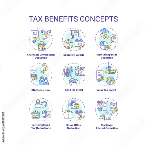 Tax benefits multi color concept icons. Financial planning. Fiscal policies. Tax relief and deduction. Types of tax credits. Icon pack. Vector images. Round shape illustrations. Abstract idea